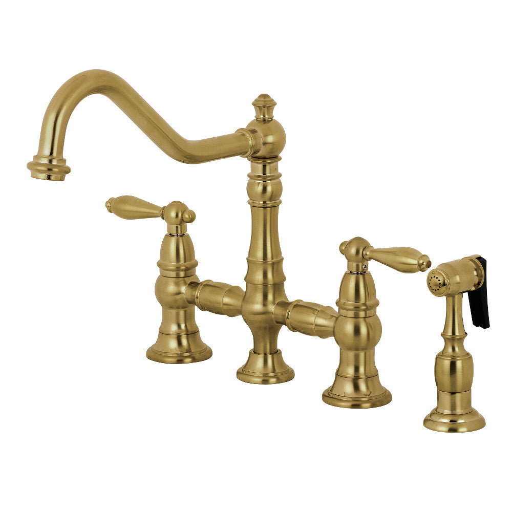 Kingston KS3277ALBS Restoration Bridge Kitchen Faucet with Brass Sprayer, Brushed Brass