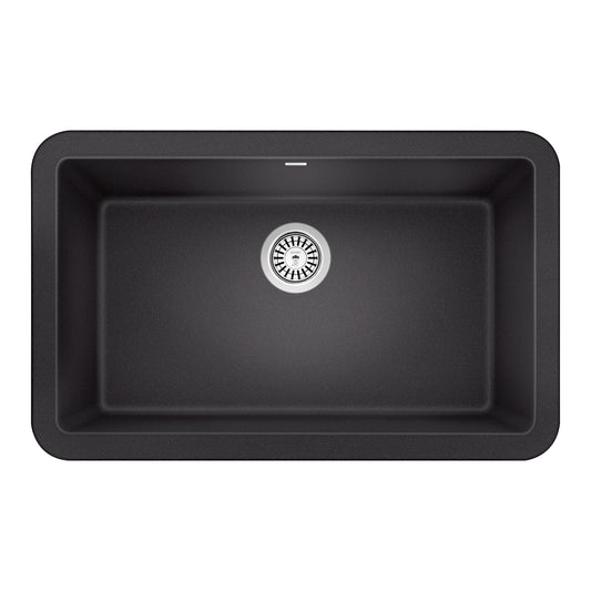 BLANCO Ikon SILGRANIT 30" Single Bowl Apron-Front Farmhouse Sink in classic black finish, showcasing spacious design.