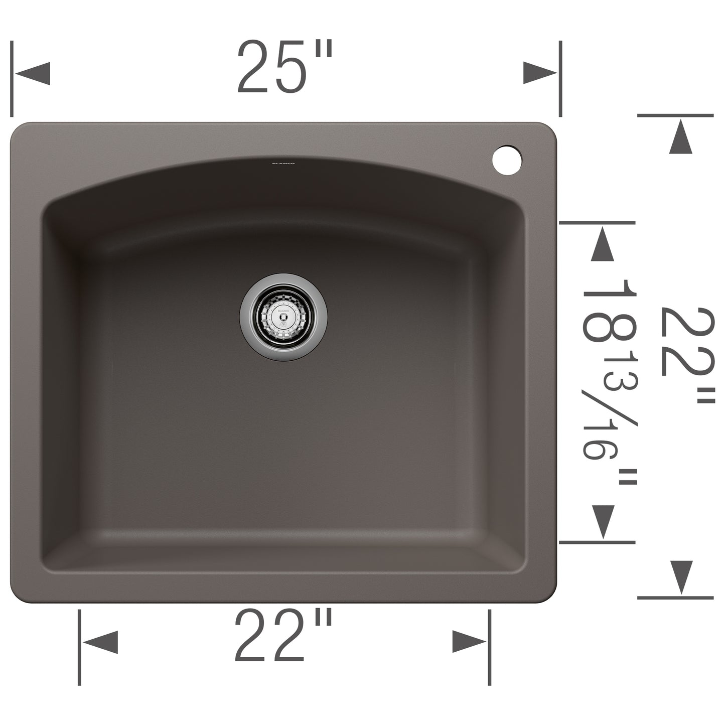 BLANCO Diamond SILGRANIT 25" Single Bowl Dual Mount Kitchen Sink dimensions and design.