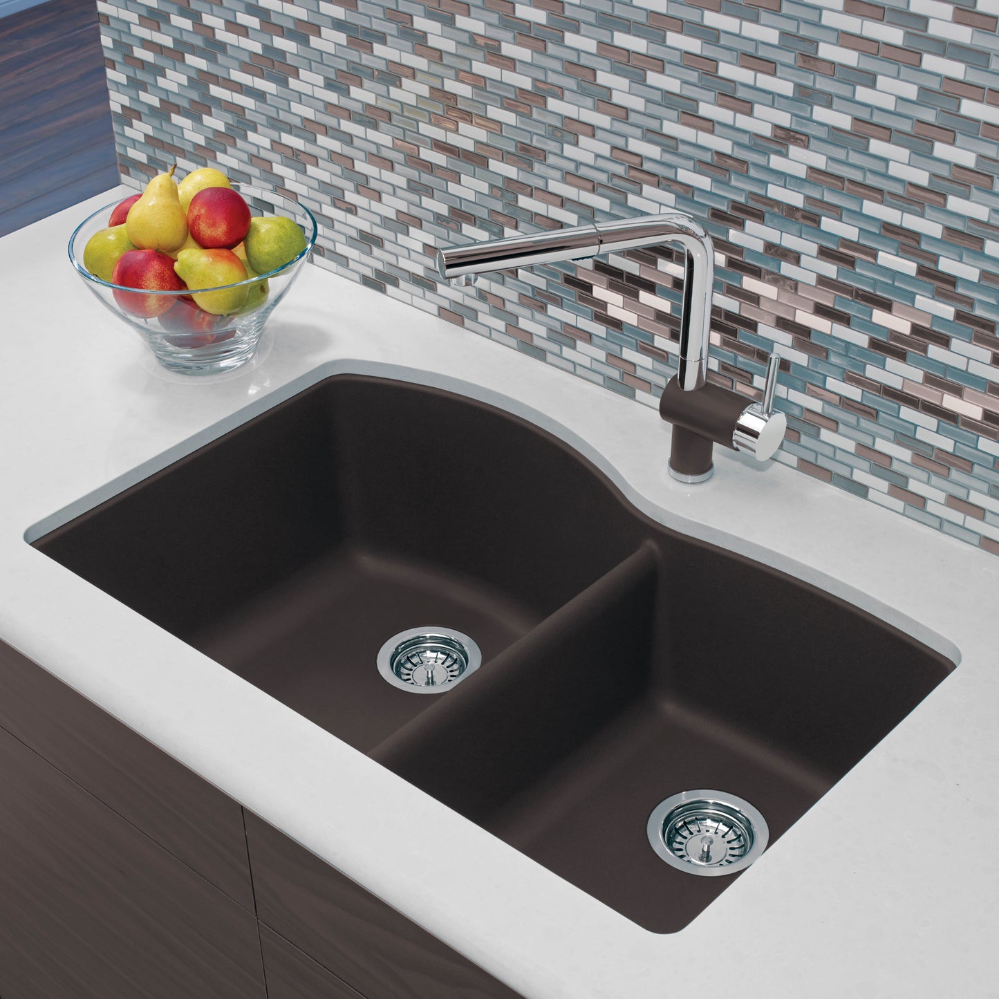 BLANCO Diamond SILGRANIT 32" 60/40 Double Bowl Undermount Kitchen Sink in modern kitchen with colorful fruit bowl.