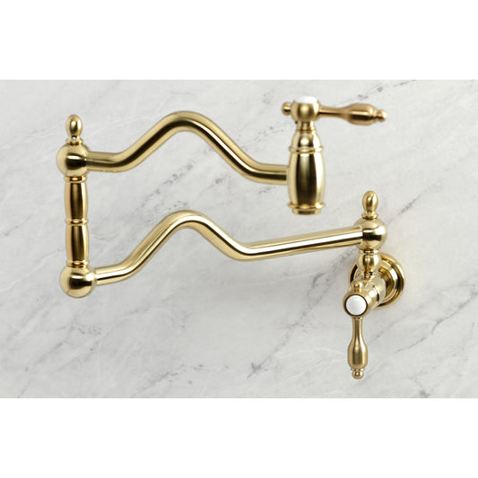 Kingston Brass KS2107TAL Tudor Wall Mount Pot Filler Faucet, Brushed Brass on a marble background.