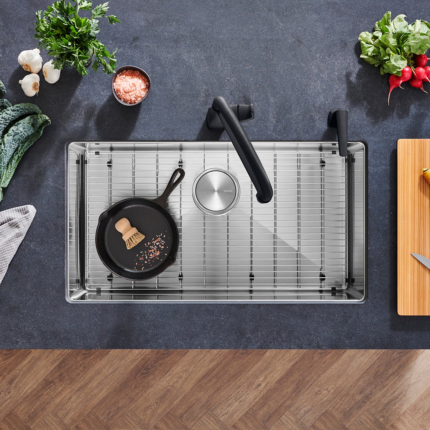 BLANCO Quatrus R15 32" Super Single Bowl Undermount Stainless Steel Kitchen Sink with cooking pot and fresh ingredients