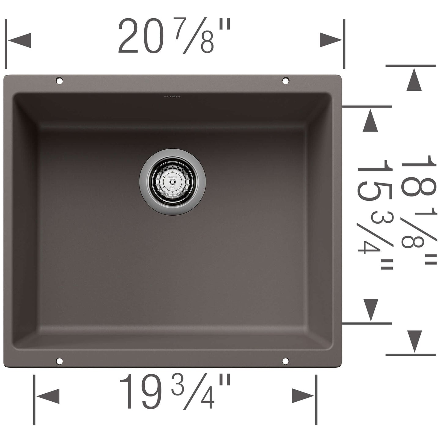 BLANCO Precis SILGRANIT 21" Single Bowl Undermount Kitchen Sink dimensions in Volcano Gray