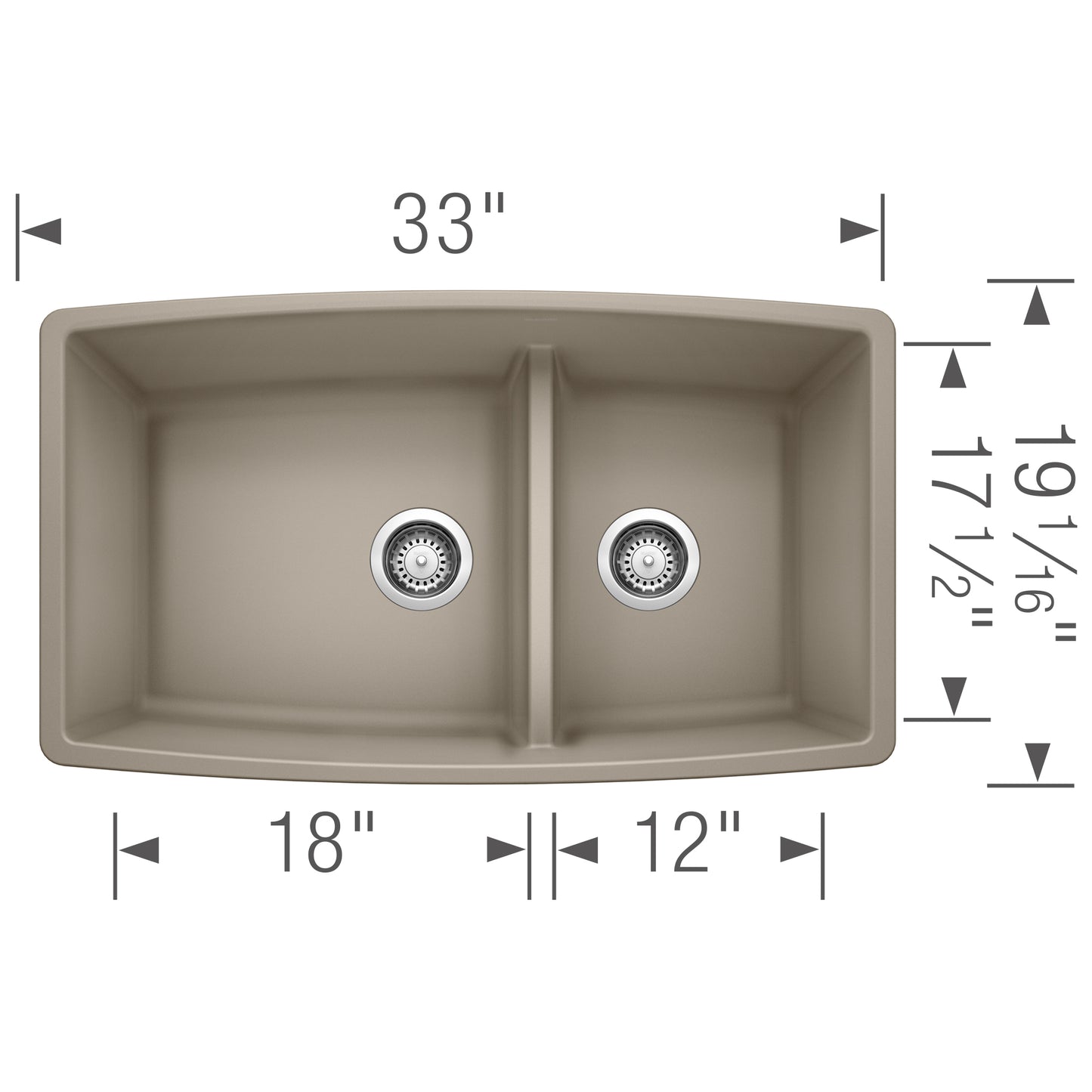 BLANCO Performa SILGRANIT 33" 60/40 Double Bowl Undermount Kitchen Sink with Low Divide dimensions and details.
