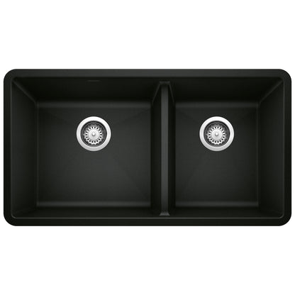 BLANCO Precis SILGRANIT 33" 60/40 Double Bowl Undermount Kitchen Sink in black finish with spacious dual bowls.