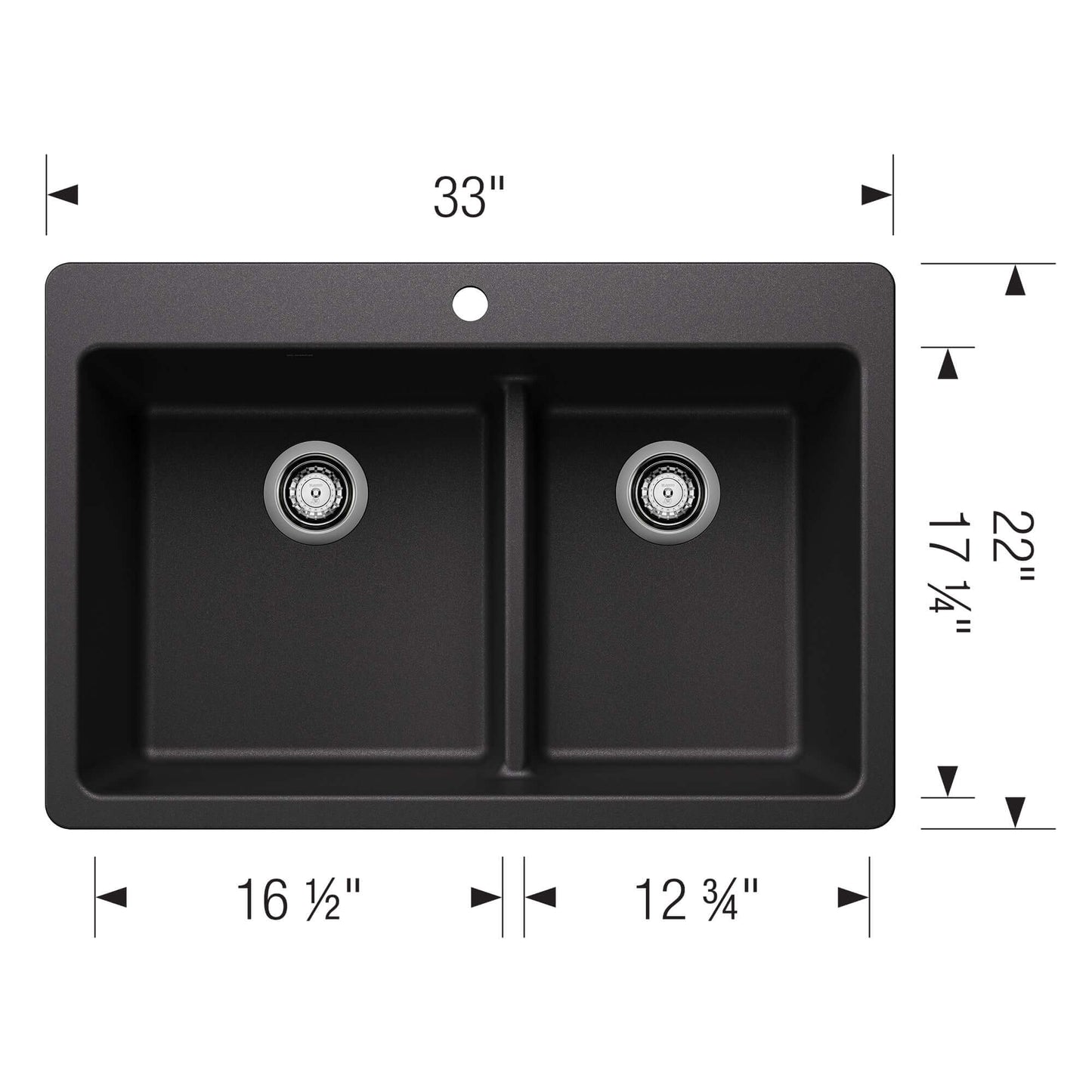 BLANCO Liven SILGRANIT 33" 60/40 Double Bowl Dual Mount Kitchen Sink with Low Divide dimensions layout top view.