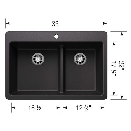 BLANCO Liven SILGRANIT 33" 60/40 Double Bowl Dual Mount Kitchen Sink with Low Divide dimensions layout top view.