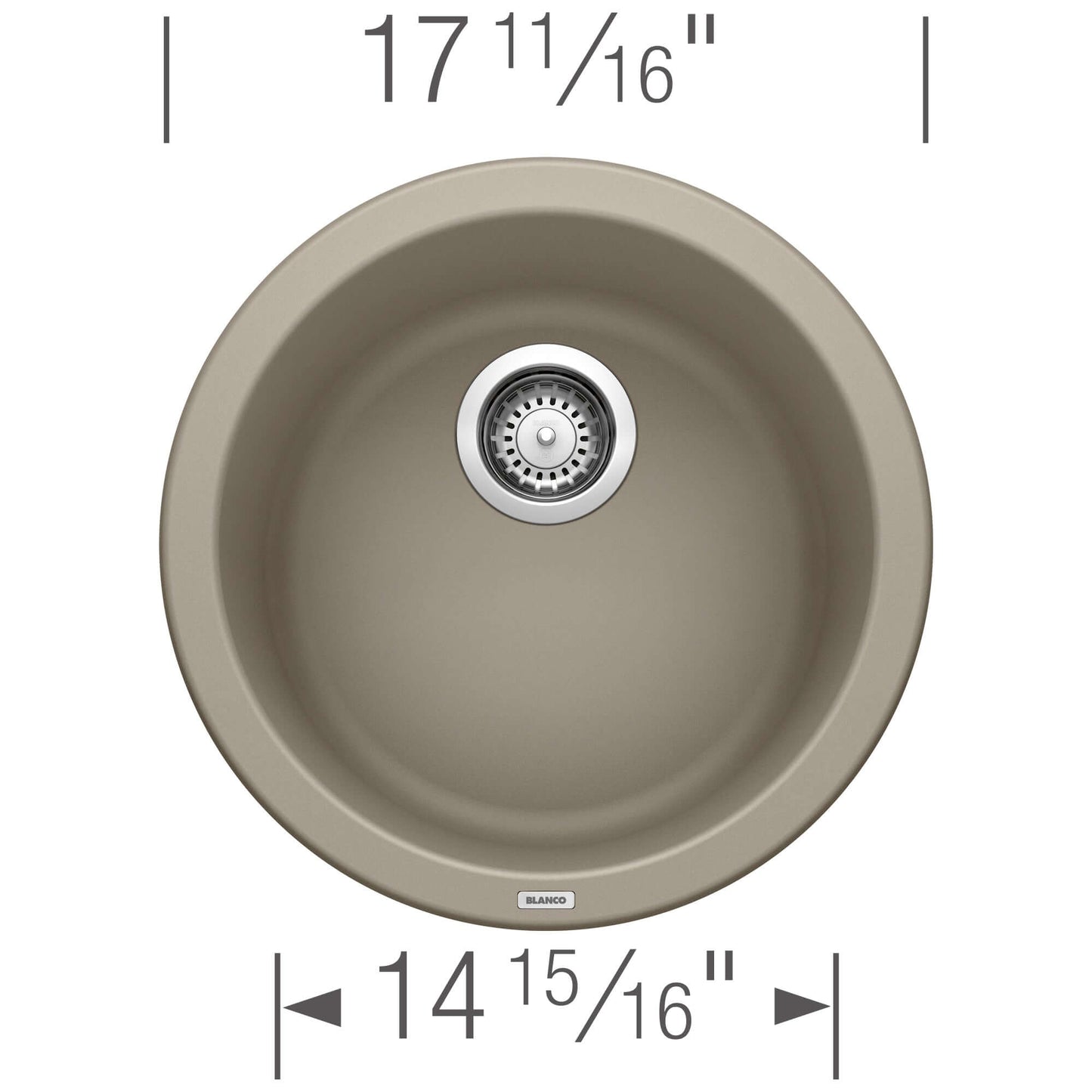 Top view of the BLANCORONDO SILGRANIT 18" Dual Mount Bar Sink showing dimensions and circular design.