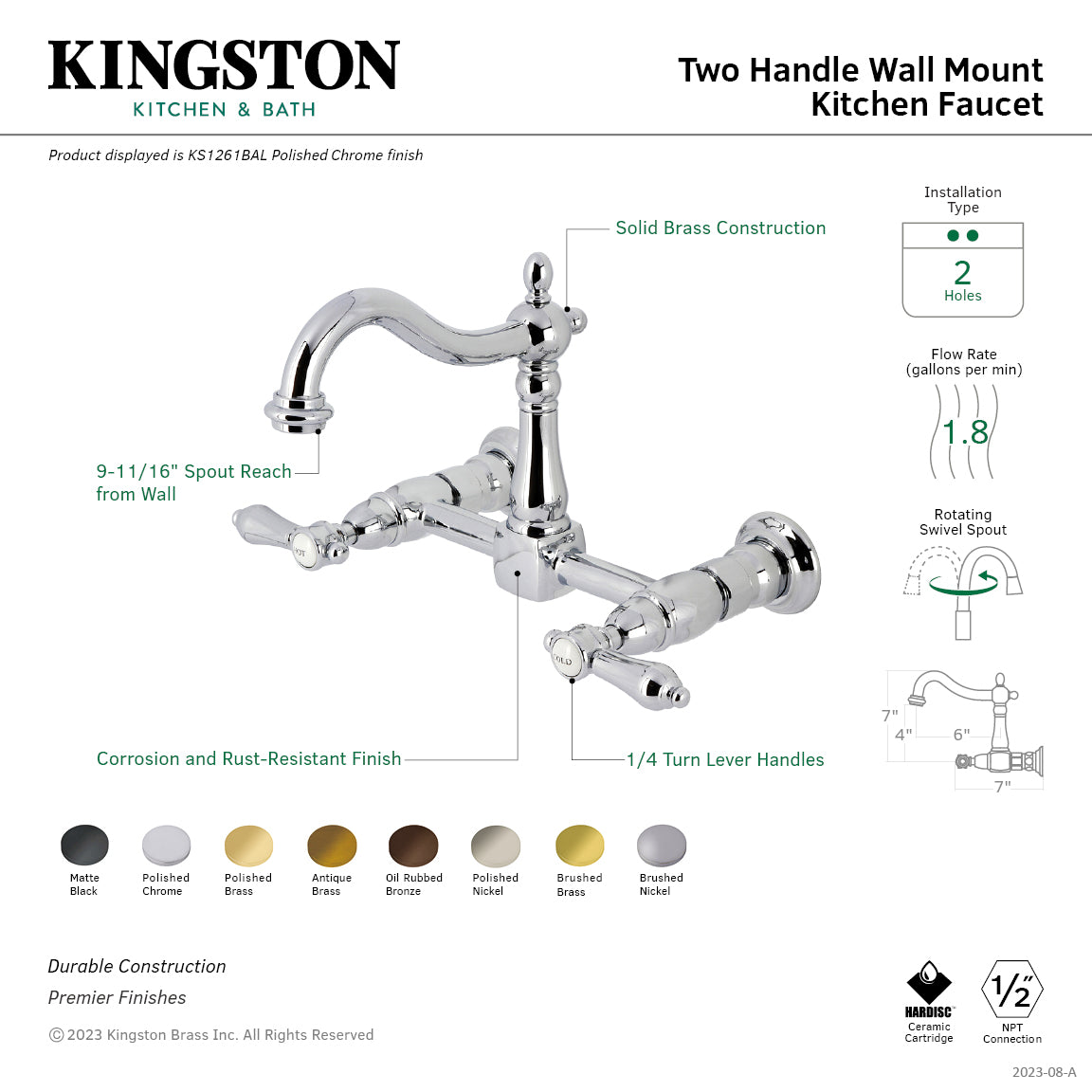 Kingston KS1263BAL Heirloom Two-Handle Wall Mount Bridge Kitchen Faucet, Antique Brass with solid brass construction and swivel spout.