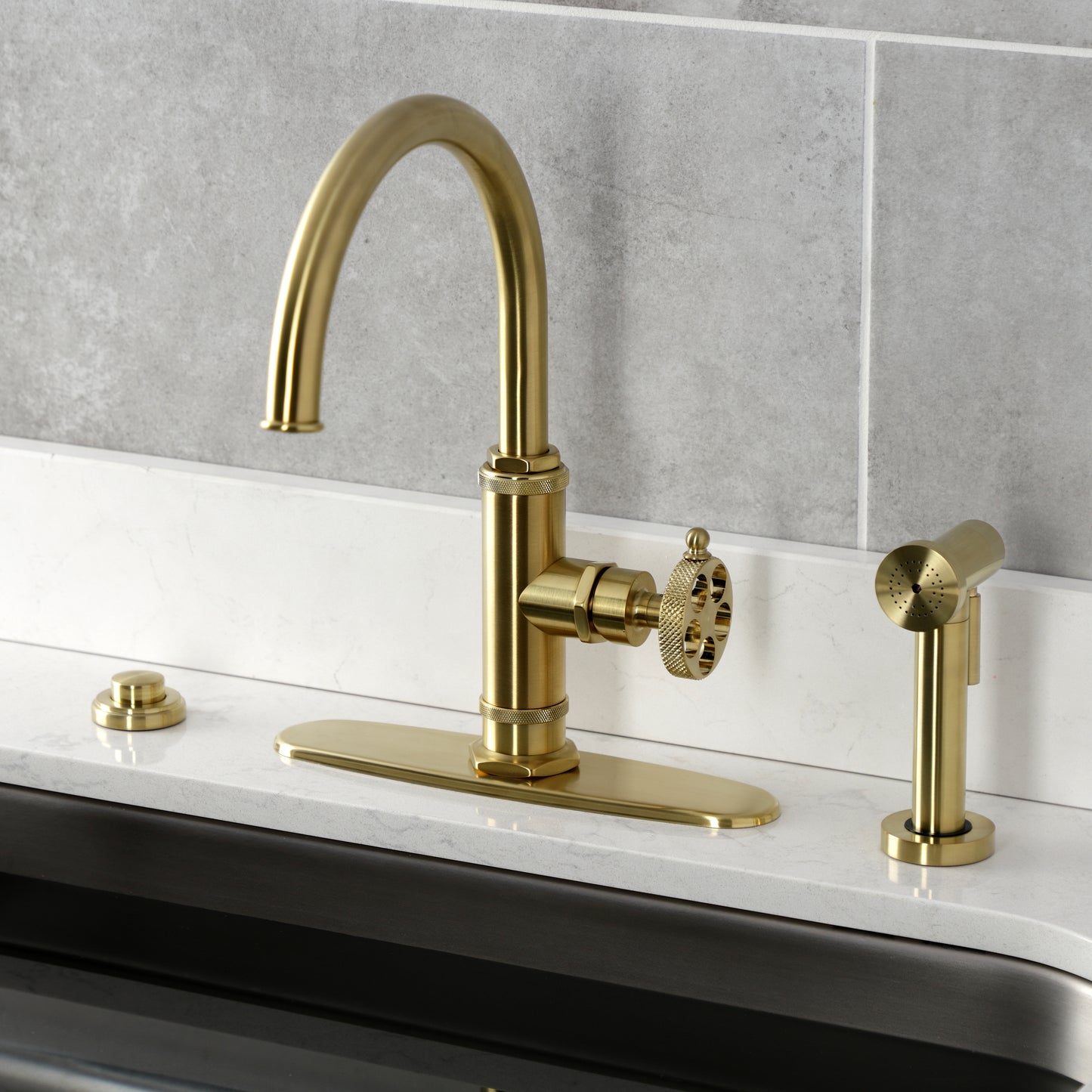 Kingston Brass KS2433RKX Webb Single-Handle Kitchen Faucet with Knurled Handle and Brass Side Sprayer, Antique Brass