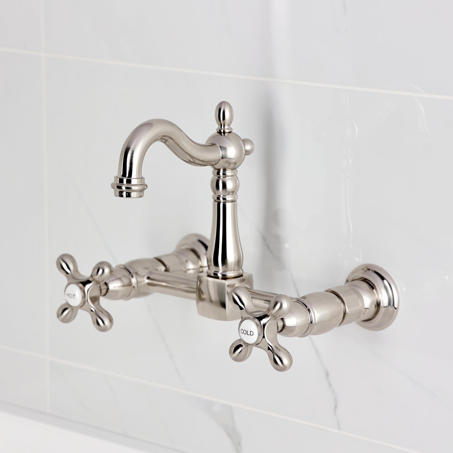 Kingston KS2443AX Heritage Two-Handle Wall Mount Bridge Kitchen Faucet, Antique Brass