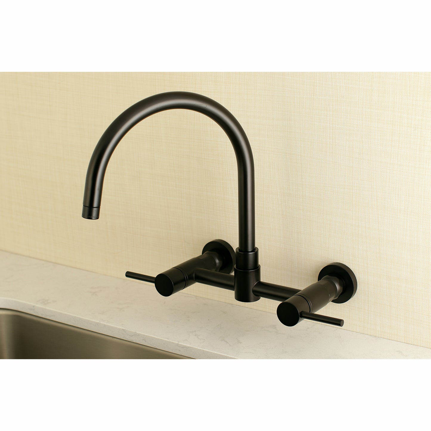 Kingston Brass KS8178DL Concord Wall Mount Bridge Kitchen Faucet in black finish with gooseneck design