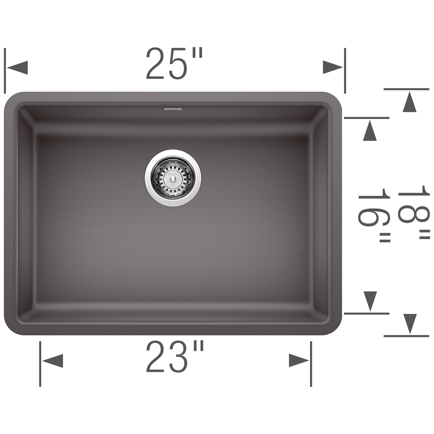BLANCO Precis SILGRANIT 25" ADA Single Bowl Undermount Kitchen Sink dimensions and design layout