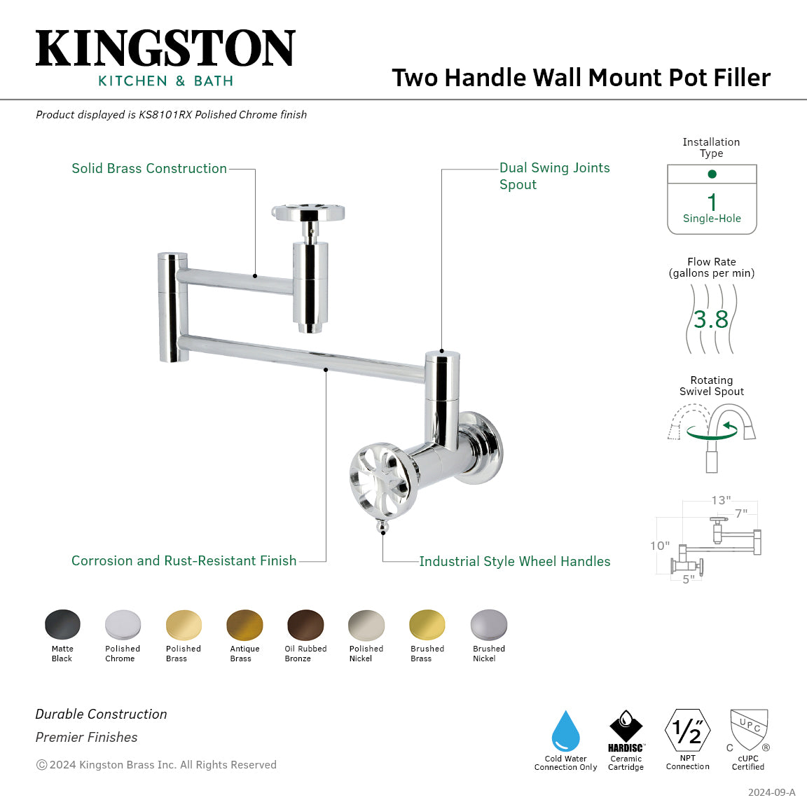 Kingston Brass KS3703RX Belknap Deck Mount Pot Filler Faucet, Antique Brass design with dual swing spout and handles.