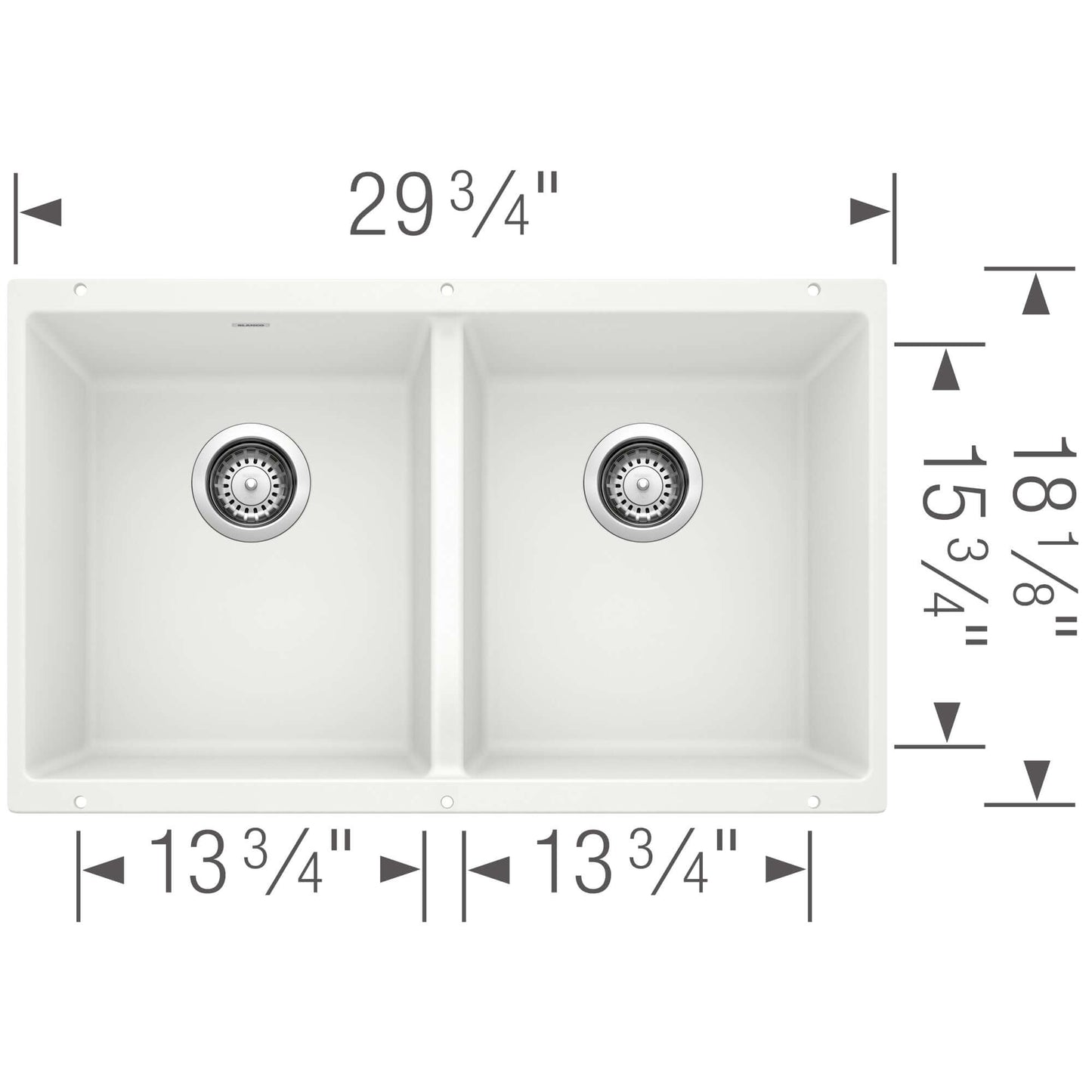 BLANCO Precis SILGRANIT 29" 50/50 Double Bowl Undermount Kitchen Sink dimensions with equal bowls for versatile use.