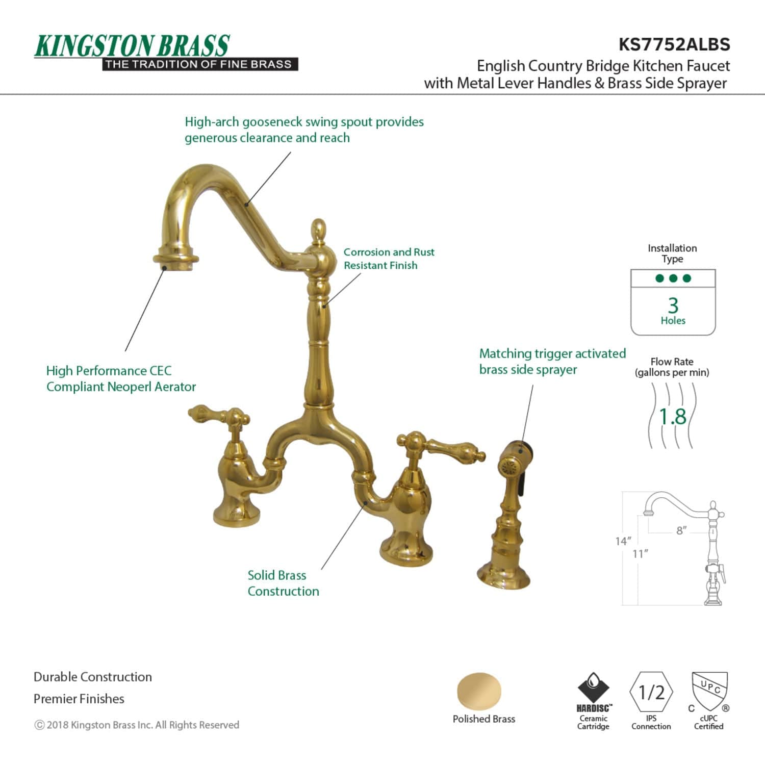 KINGSTON Brass English Country Kitchen Bridge Faucet with Brass Sprayer - Polished Brass