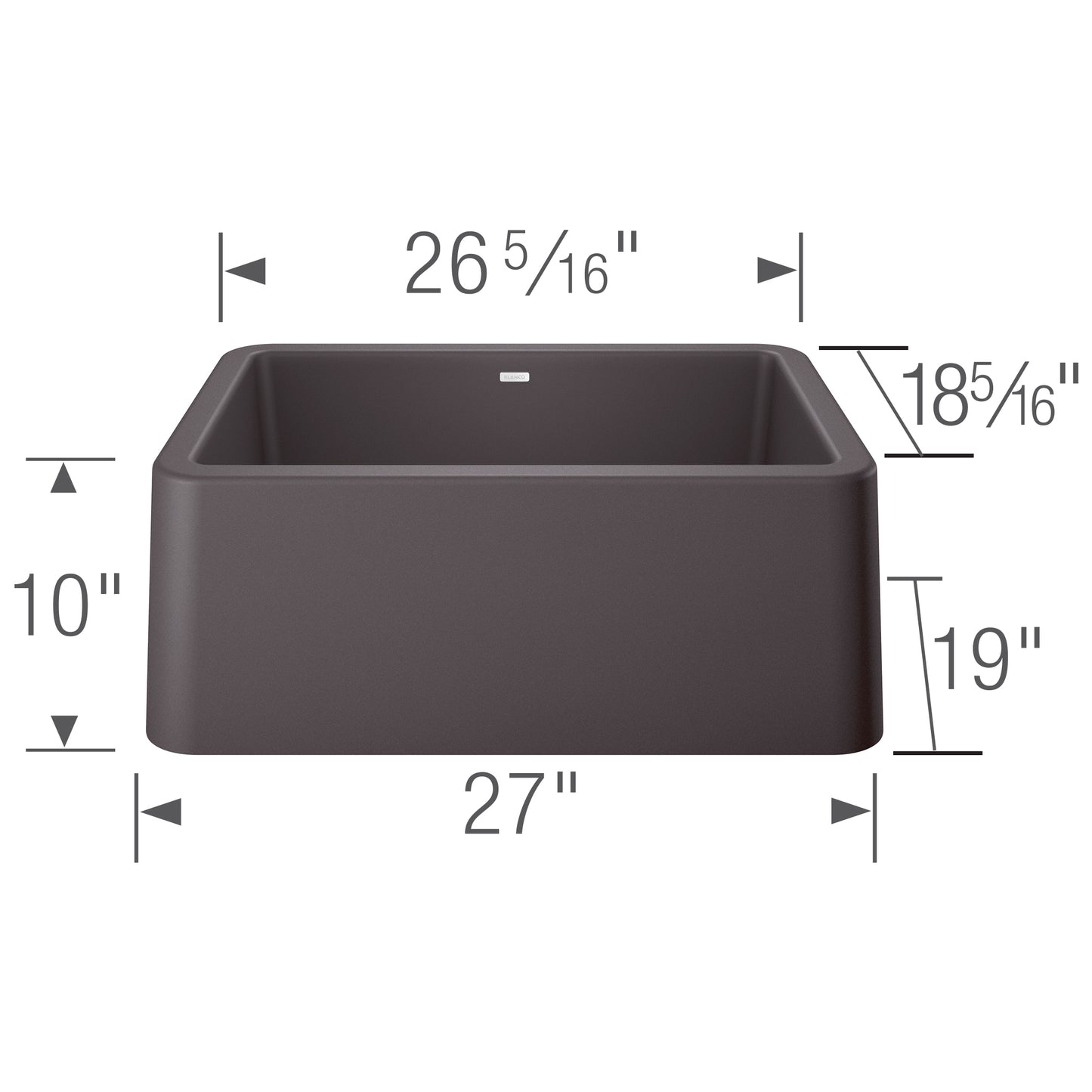 BLANCO Ikon SILGRANIT 27" Single Bowl Apron-Front Farmhouse Sink dimensions illustration with measurements.