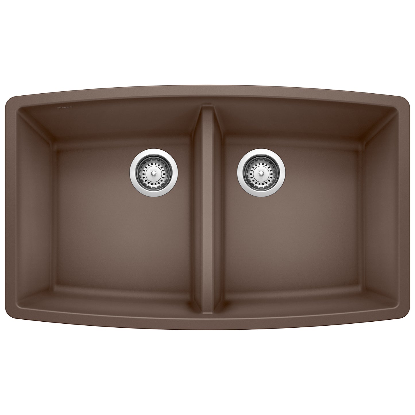 BLANCO Performa SILGRANIT 33" 50/50 Double Bowl Undermount Kitchen Sink in brown finish top view.