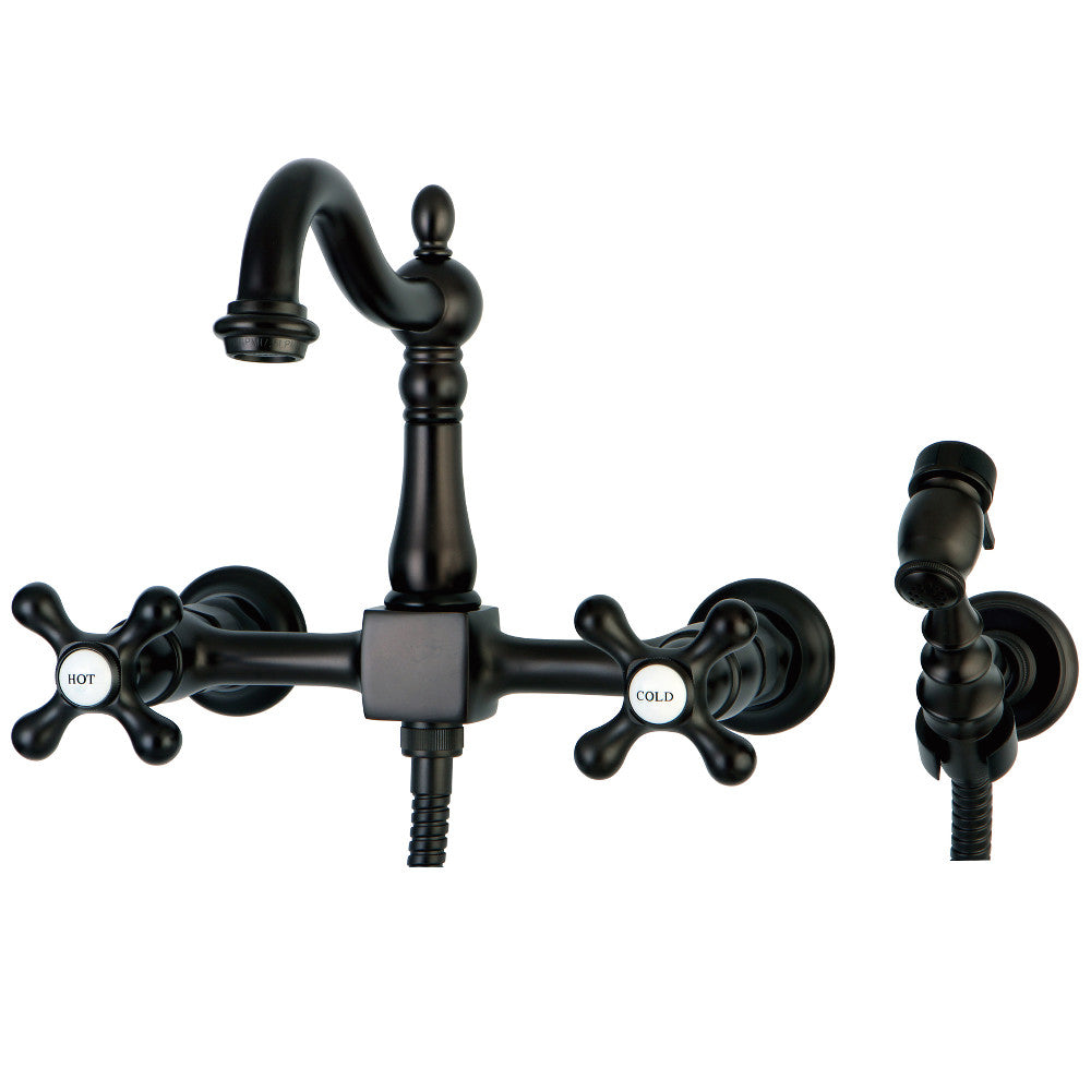 Kingston KS1263AXBS Heritage Two-Handle Wall Mount Bridge Kitchen Faucet with Brass Sprayer, Antique Brass, oil rubbed bronze finish.