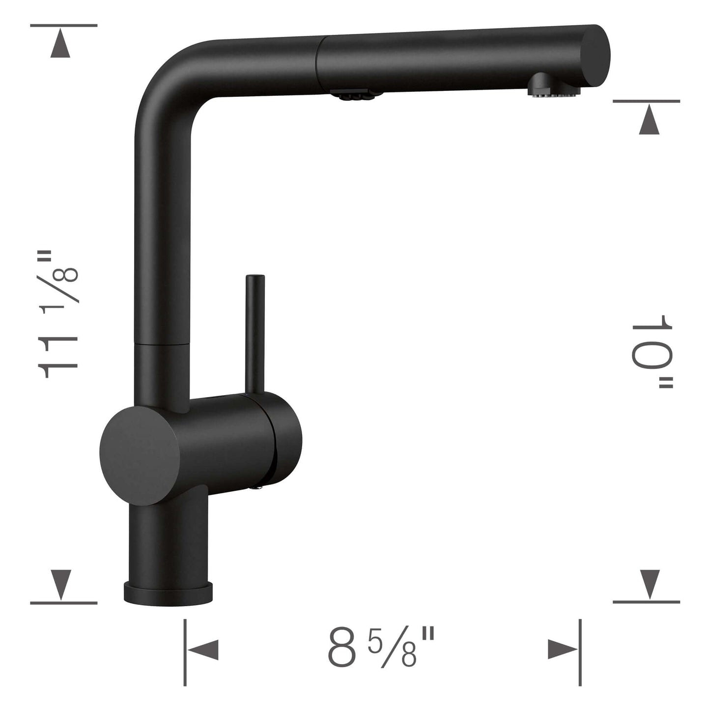 BLANCO Linus Low Arc Pull-Out Dual-Spray Kitchen Faucet - with dimensions 11 1/8" height and 8 5/8" reach.