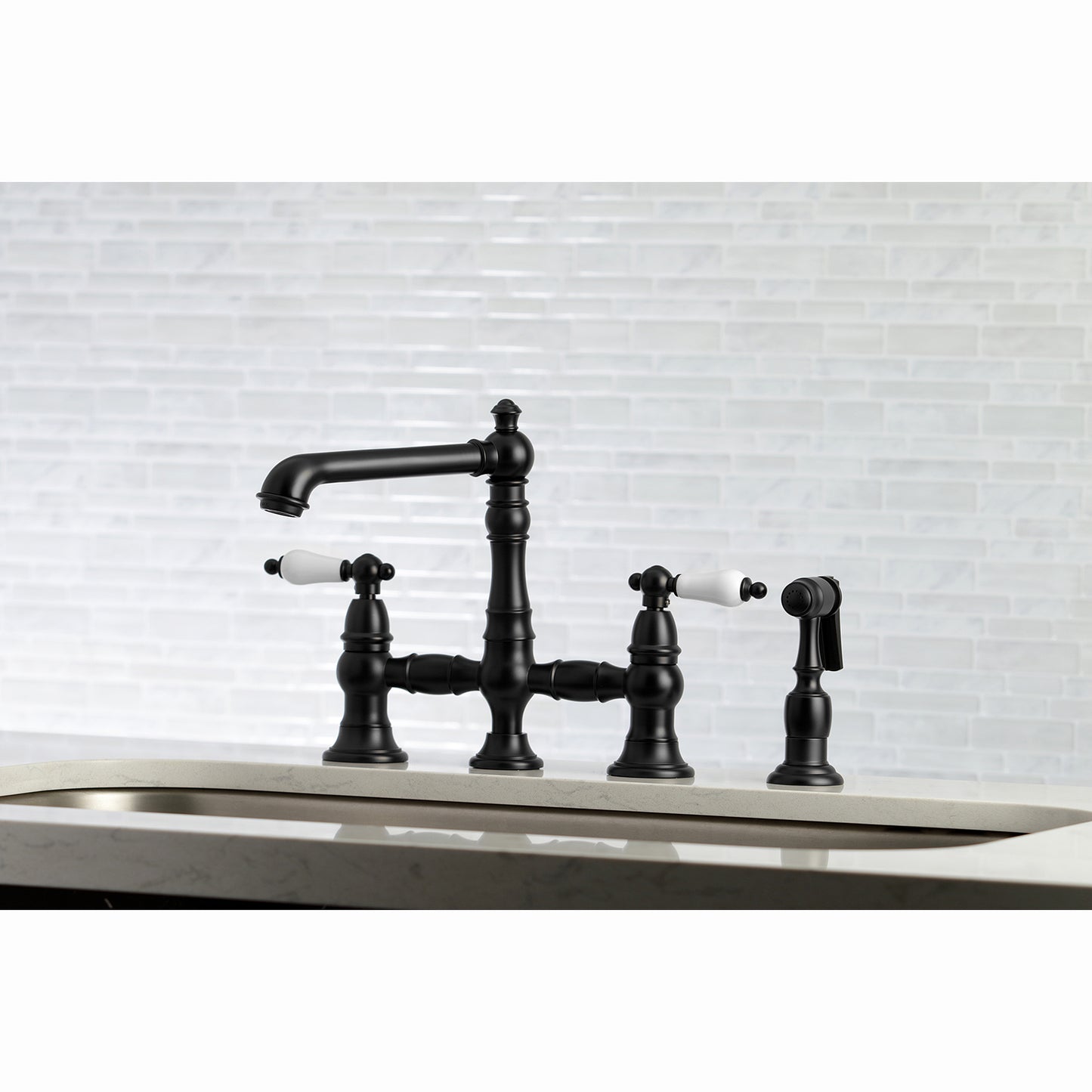 Kingston KS7278PLBS English Country Bridge Kitchen Faucet with Brass Sprayer, Brushed Nickel