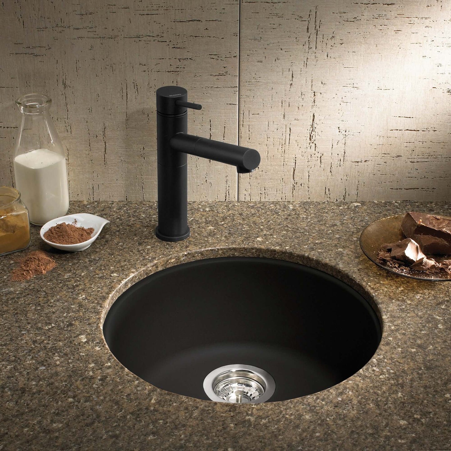 BLANCORONDO SILGRANIT 18" Dual Mount Bar Sink with modern black faucet and granite countertop.