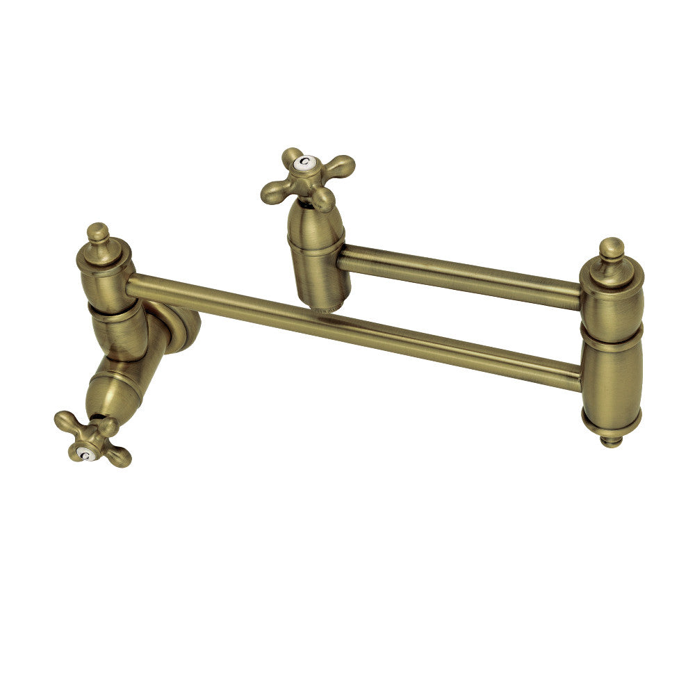 Kingston Brass KS3103AX Restoration Wall Mount Pot Filler Faucet, Antique Brass with foldable swing arms.