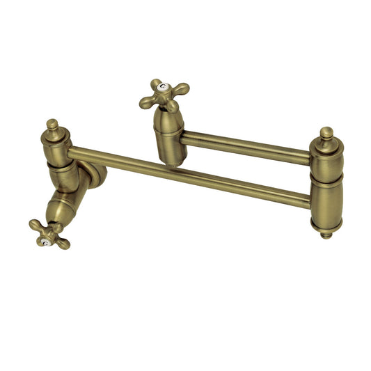 Kingston Brass KS3103AX Restoration Wall Mount Pot Filler Faucet, Antique Brass with foldable swing arms.