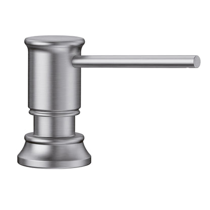 BLANCO Empressa Soap Dispenser with vintage wine press detailing in a sleek stainless steel finish.