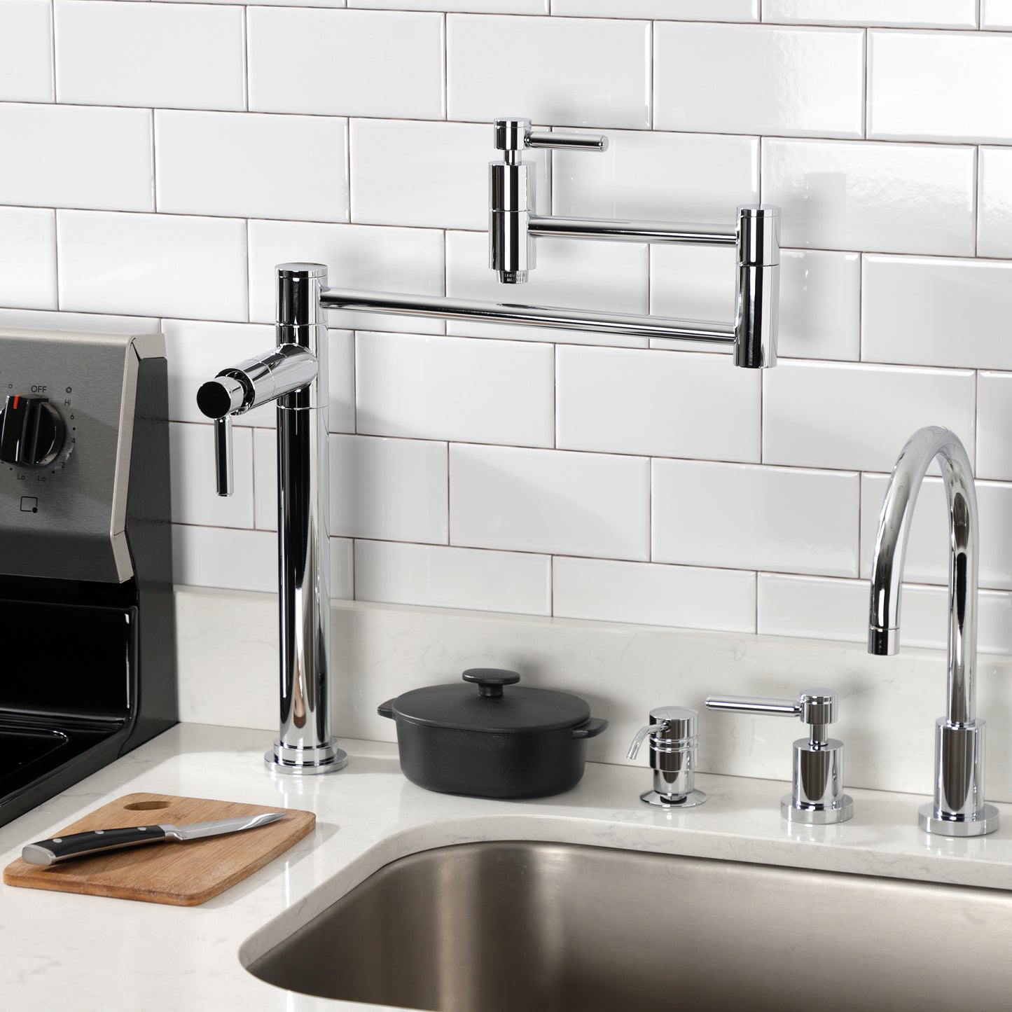 Kingston Brass KS870DLAC Concord Deck Mount Pot Filler Faucet, Antique Copper installed in modern kitchen.