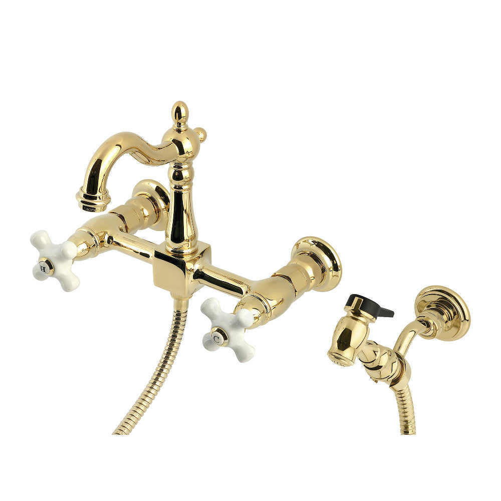 Kingston KS2443PXBS Heritage Two-Handle Wall Mount Bridge Kitchen Faucet with Brass Sprayer, Antique Brass