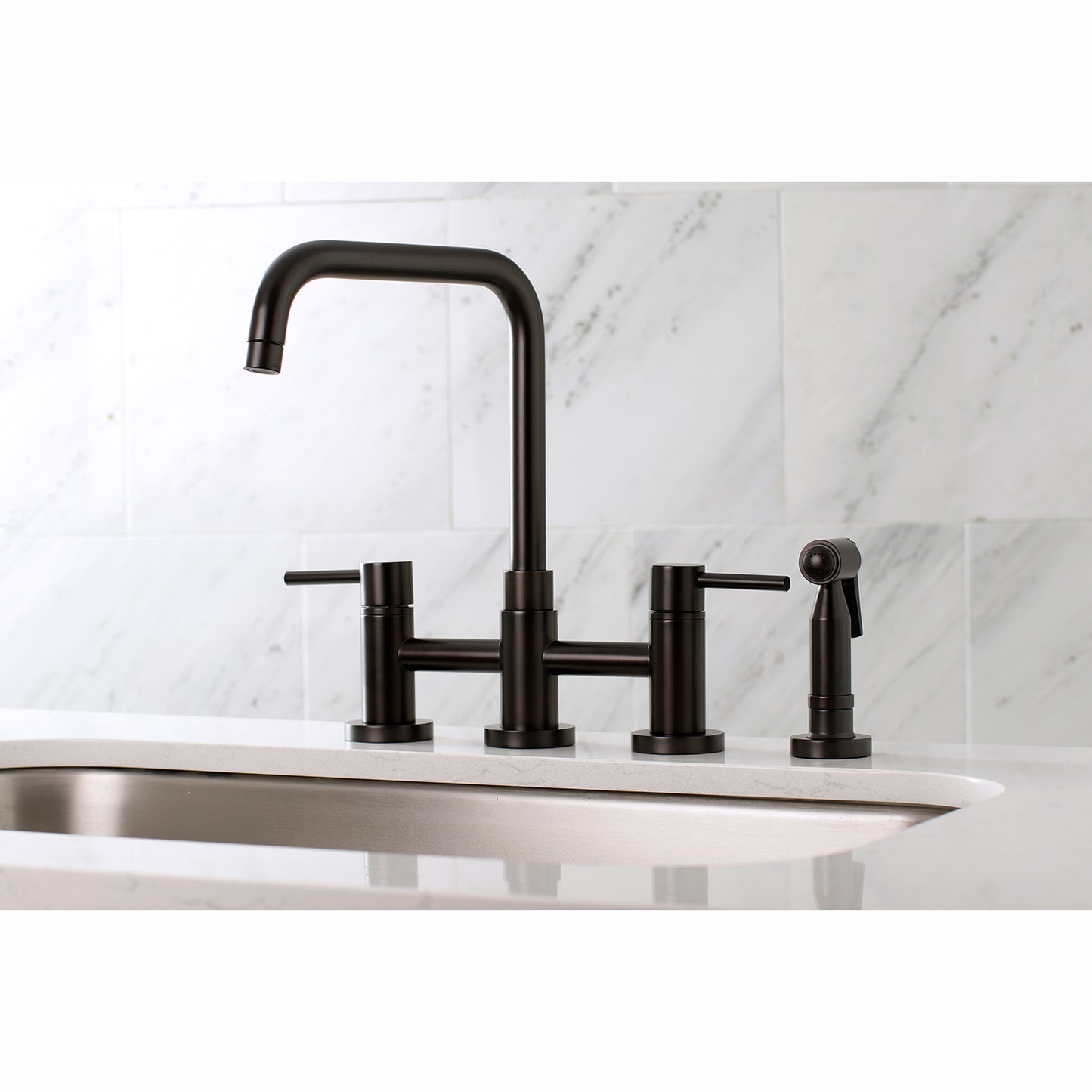 Kingston KS8287DLBS Concord Bridge Kitchen Faucet with Brass Sprayer, Brushed Brass modern design with sleek cylindrical styling