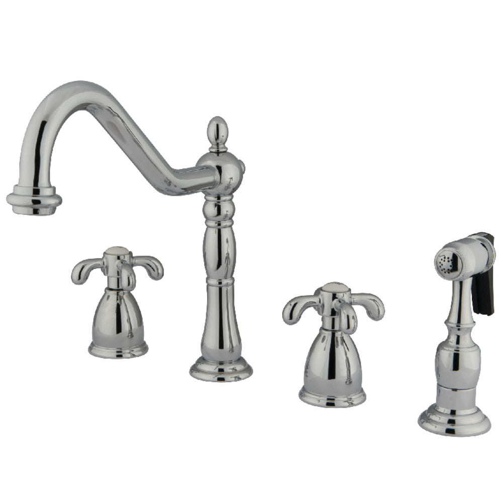 Kingston Brass KB1793TXBS French Country Double-Handle Widespread Kitchen Faucet with Brass Sprayer, Antique Brass