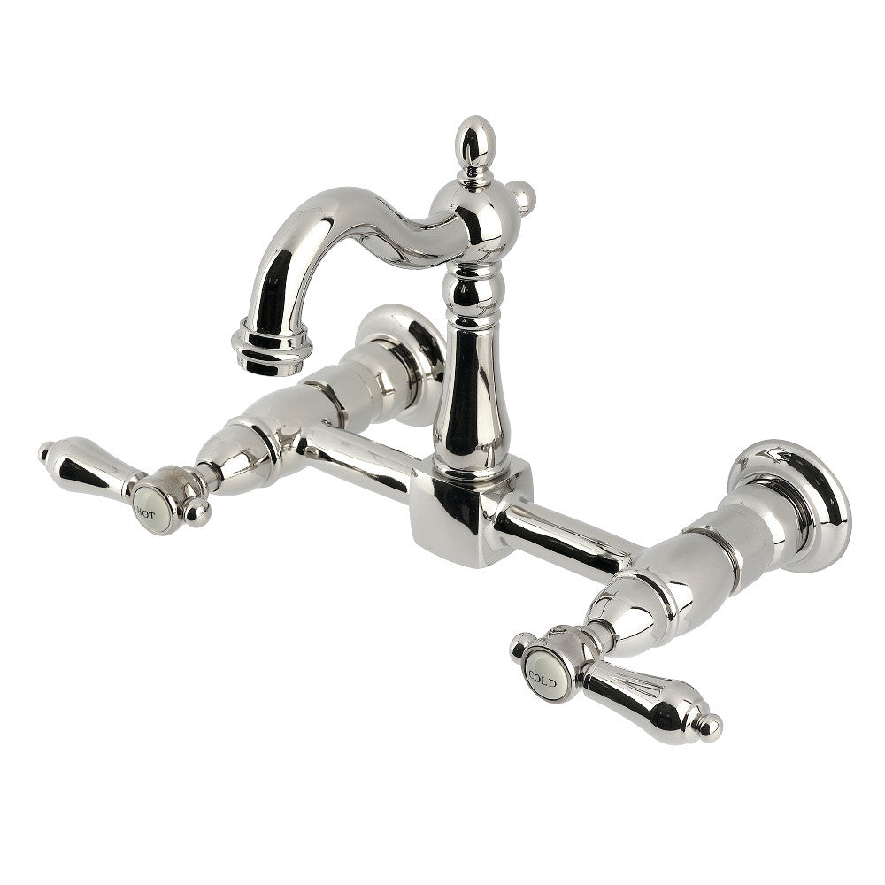 Kingston KS2443BAL Heirloom Two-Handle Wall Mount Bridge Kitchen Faucet, Antique Brass in polished nickel finish.