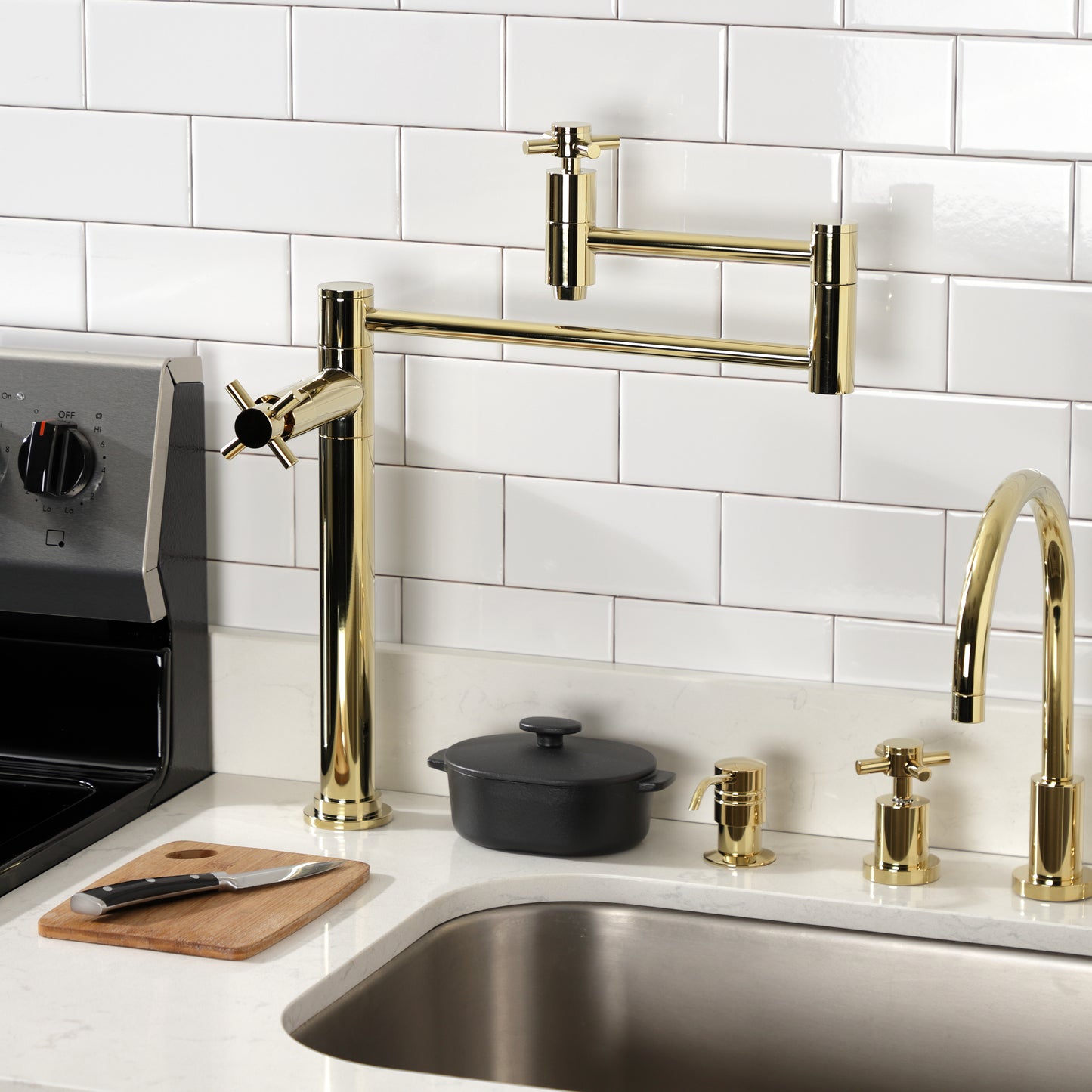 Kingston Brass KS8707DX Concord Deck Mount Pot Filler Faucet, Brushed Brass in modern kitchen setting