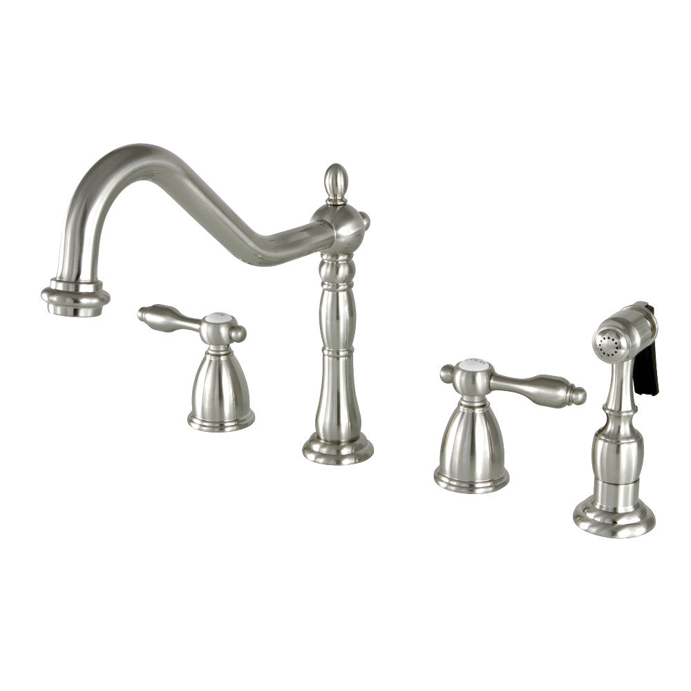 Kingston Brass KB1797TALBS Tudor Double-Handle Widespread Kitchen Faucet with Brass Sprayer, Brushed Brass