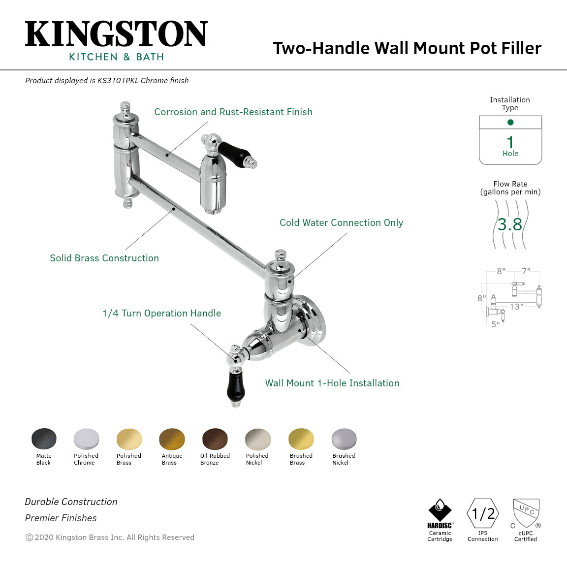 Kingston Brass KS3103PKL Duchess Wall Mount Pot Filler Faucet, Antique Brass with black porcelain handles