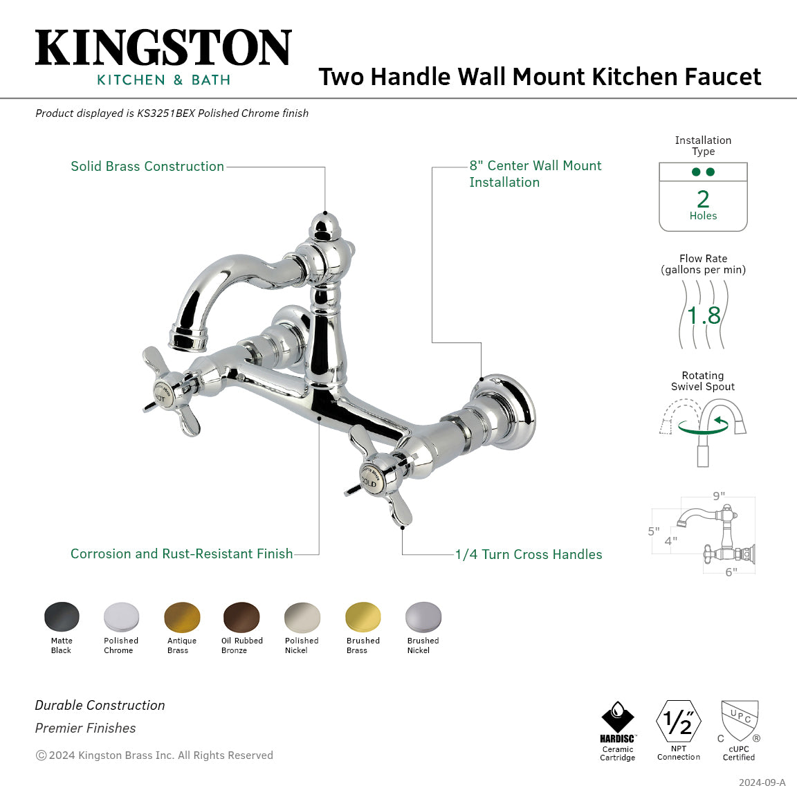 Kingston KS3253BEX Essex Two-Handle Wall Mount Bridge Kitchen Faucet, Antique Brass with elegant design and sturdy construction.