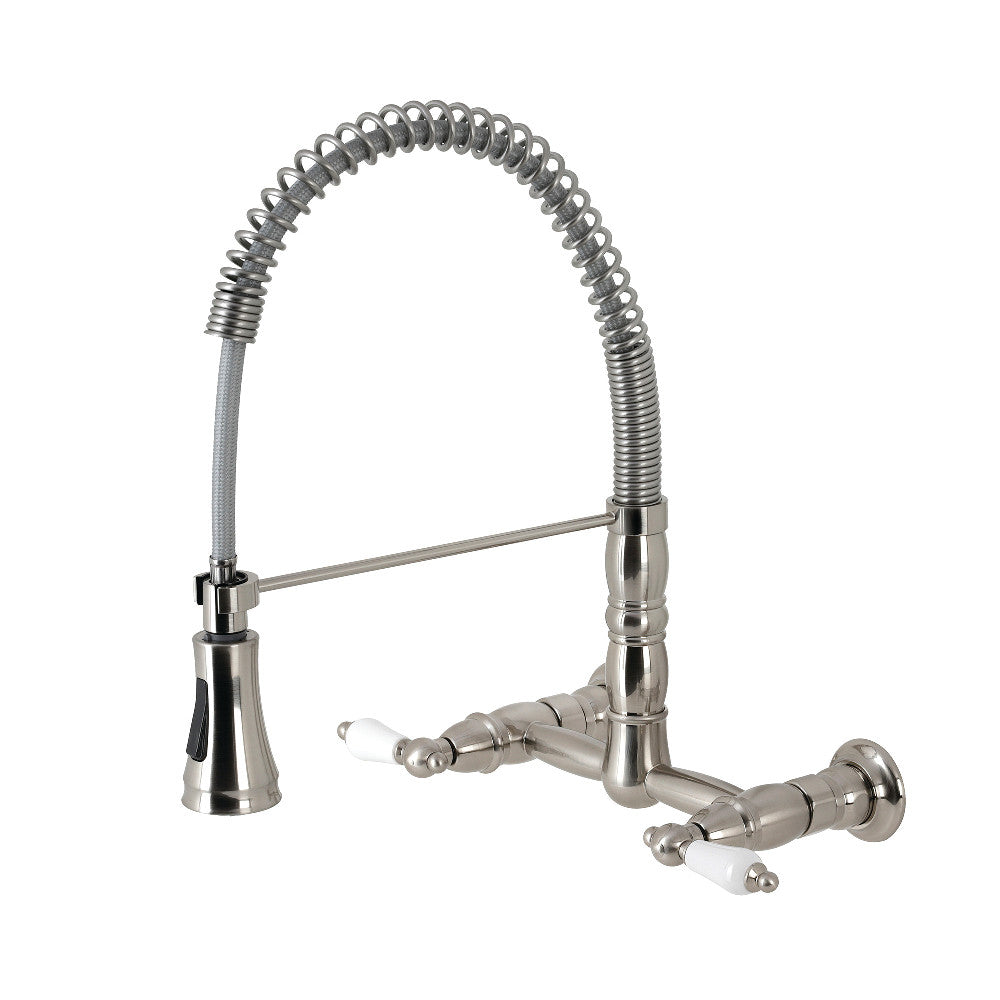 Gourmetier GS1243PL Heritage Double-Handle Wall-Mount Pre-Rinse Bridge Kitchen Faucet, Antique Brass in brushed nickel finish