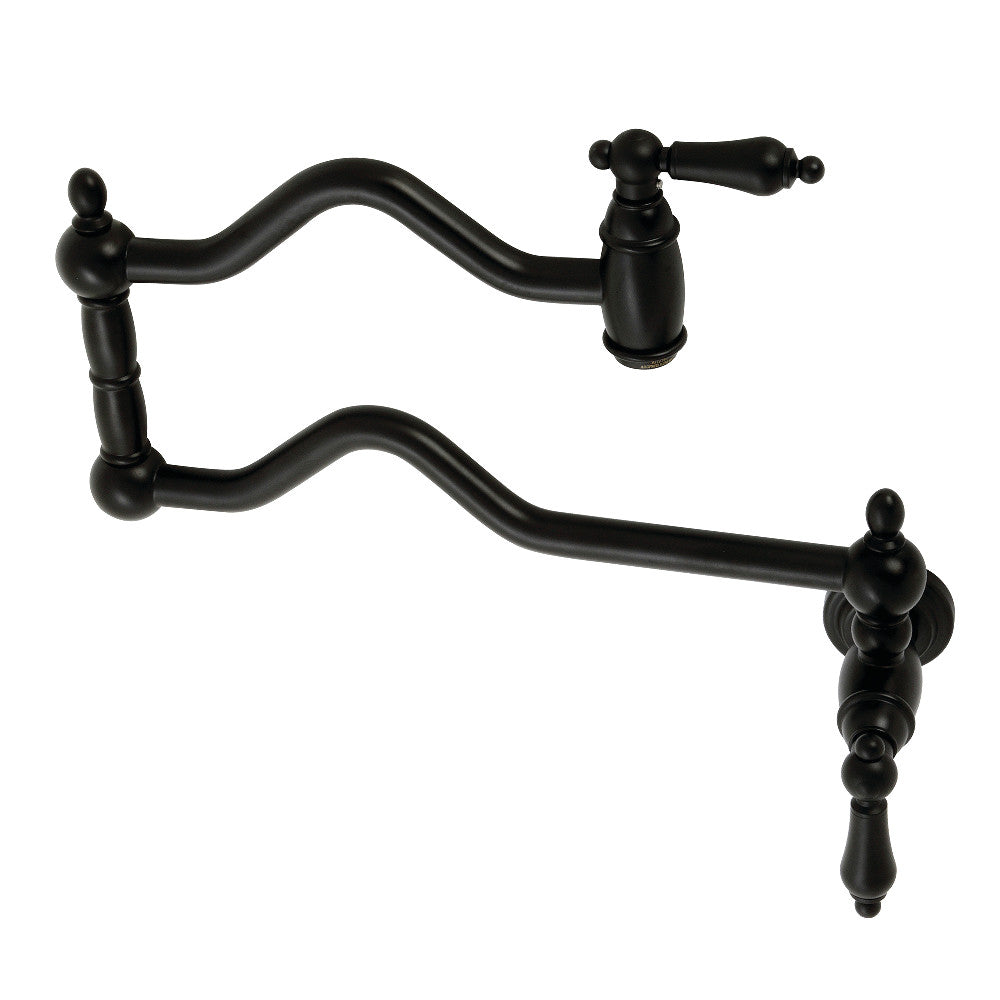 Kingston Brass KS2107AL Heritage Wall Mount Pot Filler Faucet, Brushed Brass in matte black finish with swing arms.