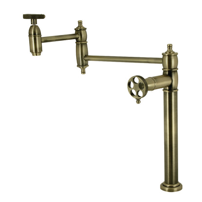 Kingston Brass KS3703RKX Webb Deck Mount Pot Filler Faucet with Knurled Handle, Antique Brass in an elegant design.