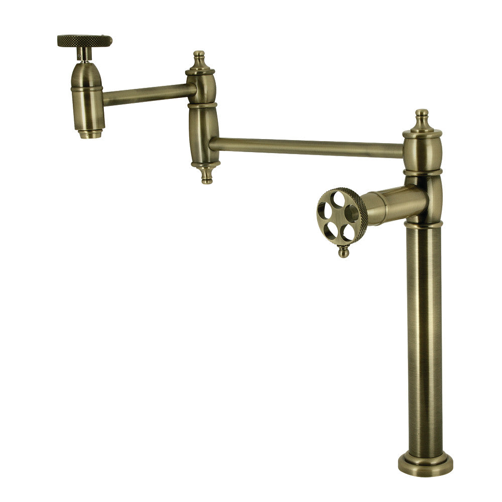 Kingston Brass KS3703RKX Webb Deck Mount Pot Filler Faucet with Knurled Handle, Antique Brass in an elegant design.