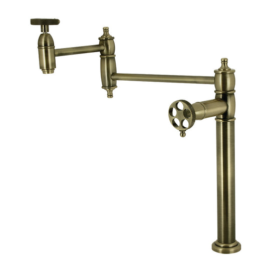 Kingston Brass KS3703RKX Webb Deck Mount Pot Filler Faucet with Knurled Handle, Antique Brass in an elegant design.
