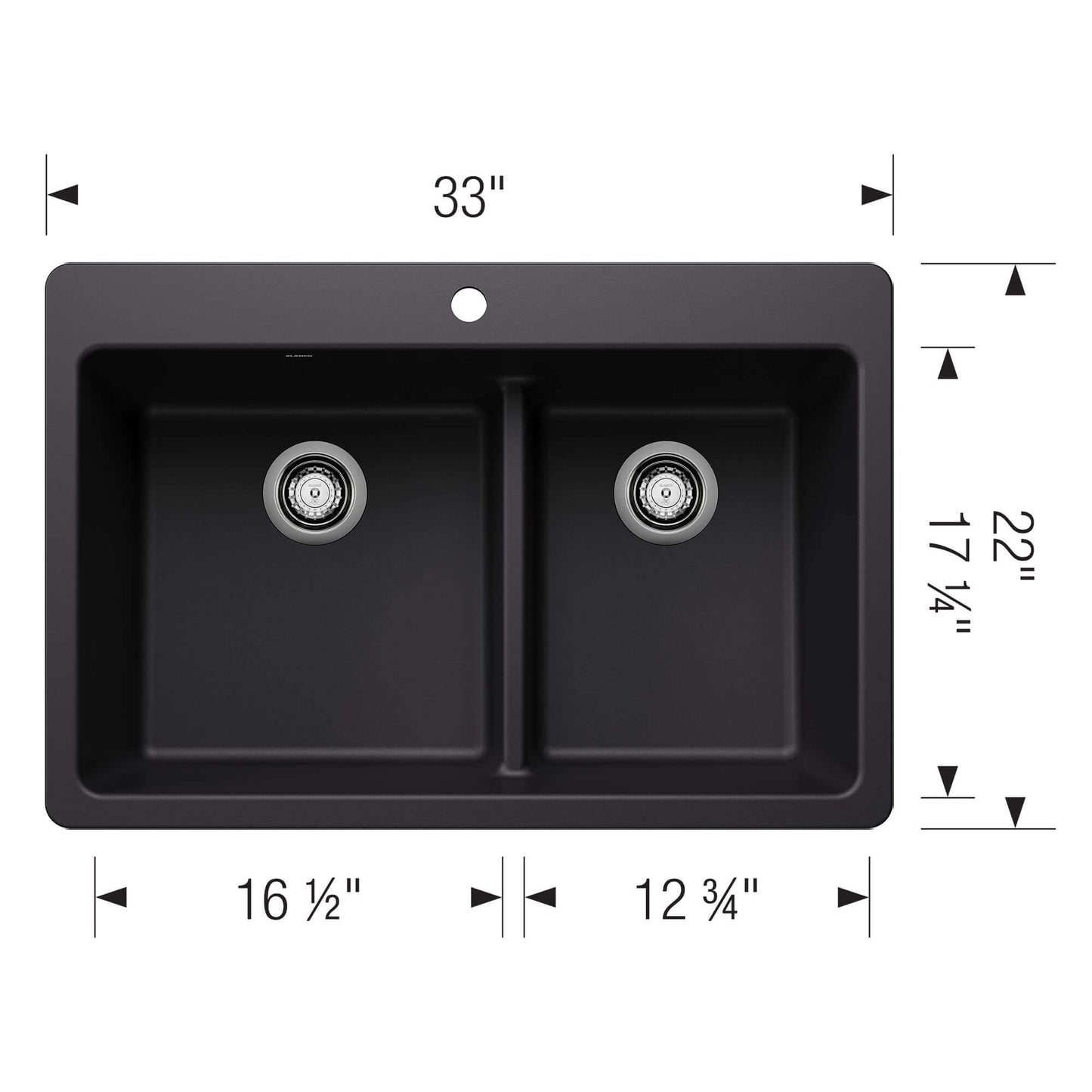 BLANCO Liven SILGRANIT 33" 60/40 Double Bowl Dual Mount Kitchen Sink with Low Divide top view measurements.