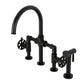 Kingston KS2333RX Belknap Industrial Style Bridge Kitchen Faucet with Brass Sprayer, Antique Brass in Matte Black finish.