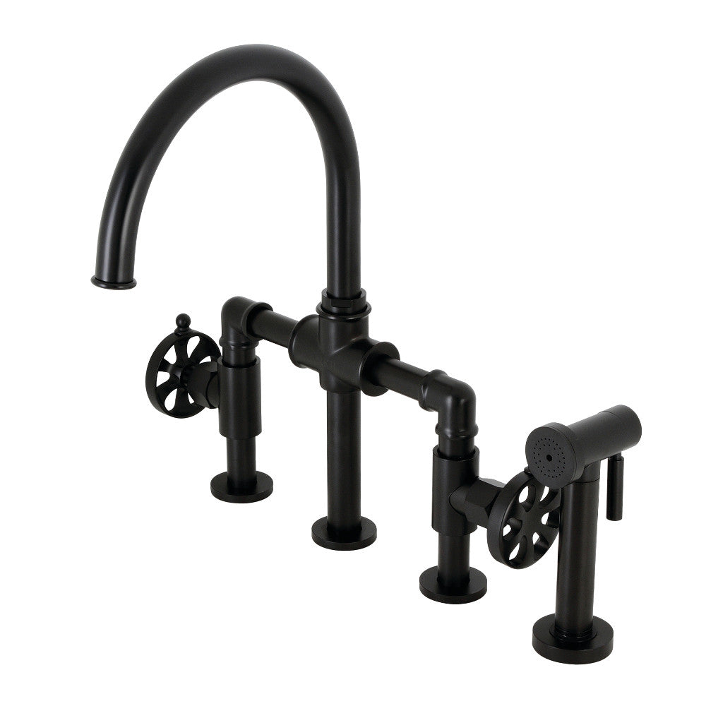 Kingston KS2333RX Belknap Industrial Style Bridge Kitchen Faucet with Brass Sprayer, Antique Brass in Matte Black finish.