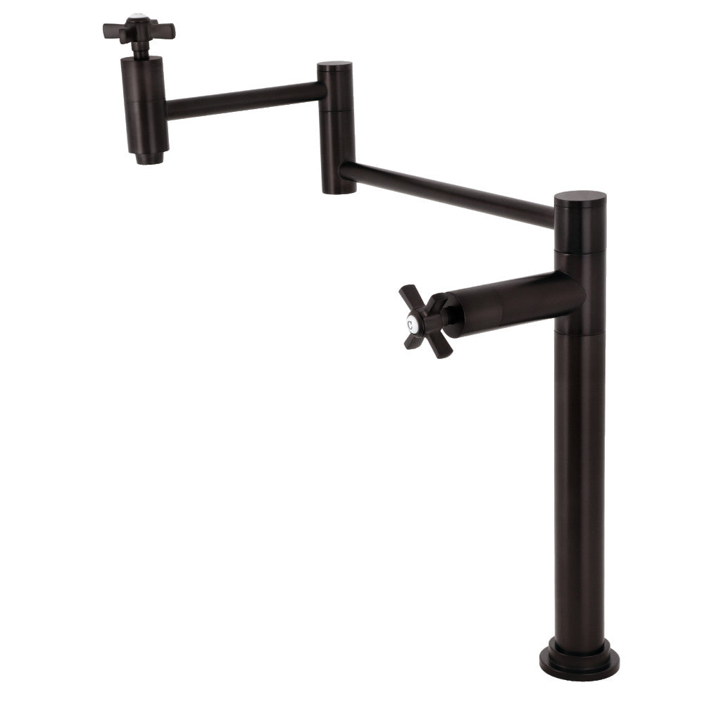 Kingston Brass KS8707ZX Millennium Deck Mount Pot Filler Faucet, Brushed Brass in Oil Rubbed Bronze finish with swing arms.
