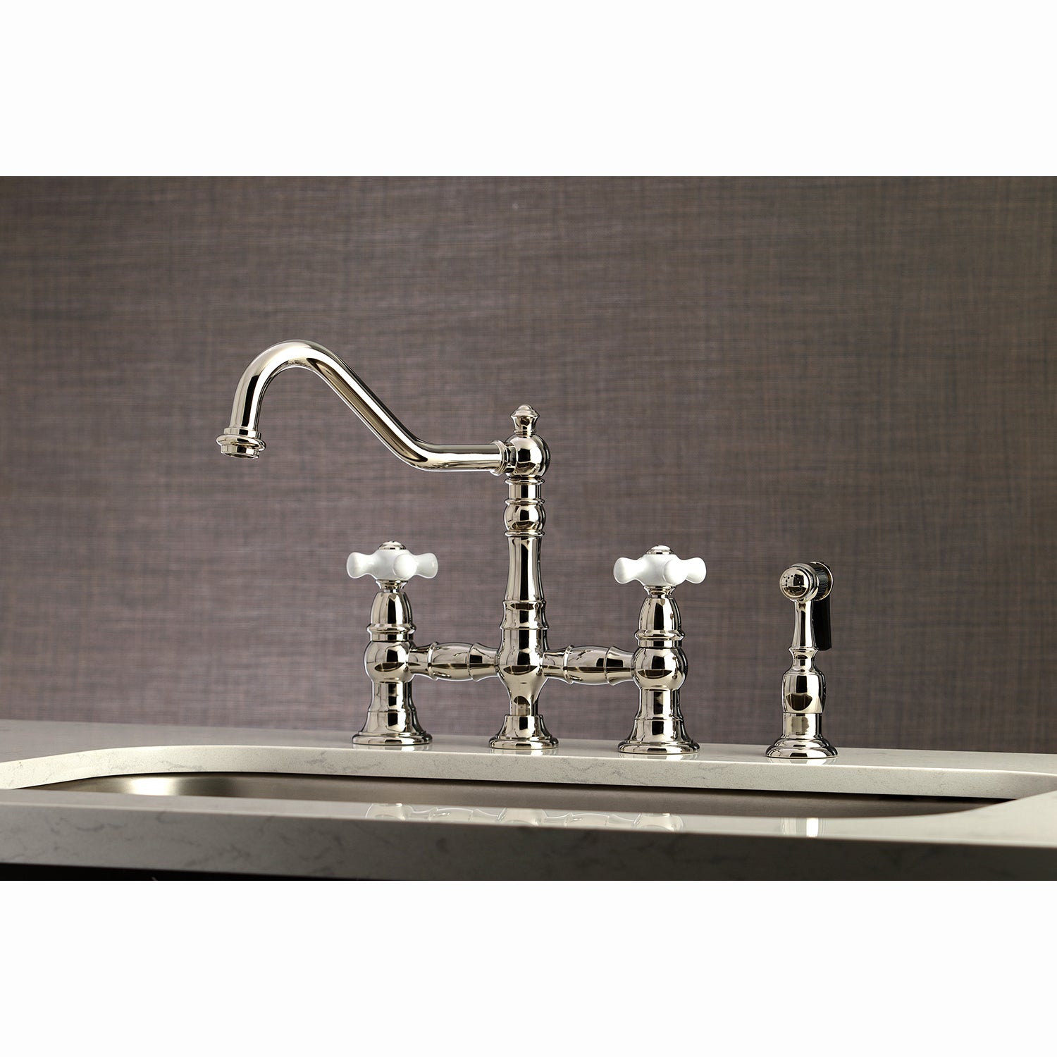Kingston KS3277PXBS Restoration Bridge Kitchen Faucet with Brass Sprayer, Brushed Brass