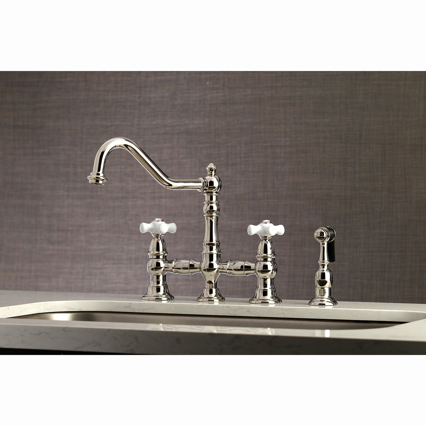 Kingston KS3277PXBS Restoration Bridge Kitchen Faucet with Brass Sprayer, Brushed Brass