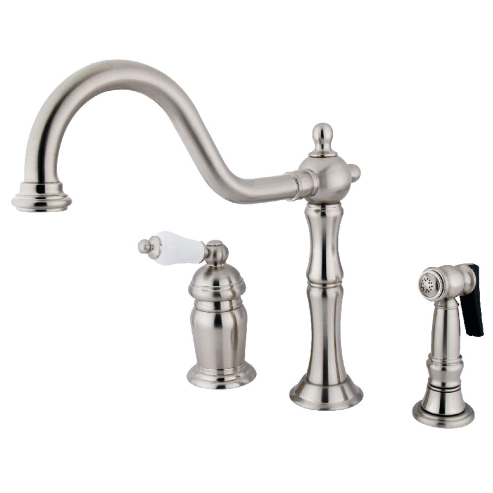 Kingston Brass KS1818PLBS Heritage Single-Handle Widespread Kitchen Faucet with Brass Sprayer, Brushed Nickel